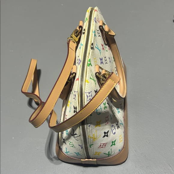 White with Colorful Monogram Pattern Purse Bag with Handles and Shoulder Strap - Picture 5 of 16